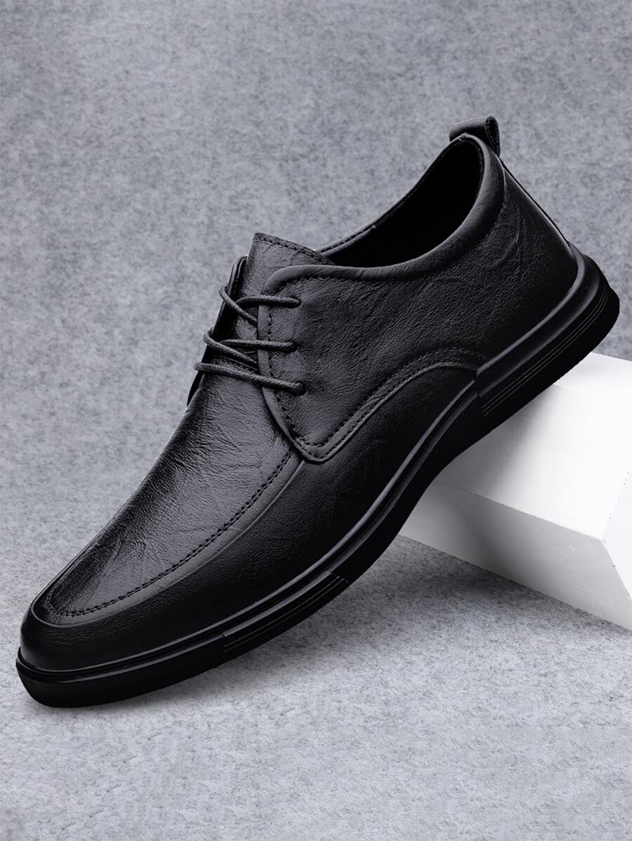 1 Pair Men's Genuine Leather Dress Shoes, Thick Sole Anti-Slip Durable Business Casual Loafers, Run Small By 1 Size - Black - View 1