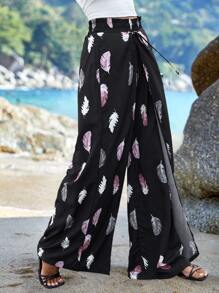 SHEIN VCAY Feather Print Tie Front Wide Leg Trousers - Multicolor - View 5