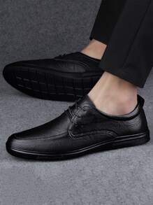 1 Pair Men's Genuine Leather Dress Shoes, Thick Sole Anti-Slip Durable Business Casual Loafers, Run Small By 1 Size - Black - View 6