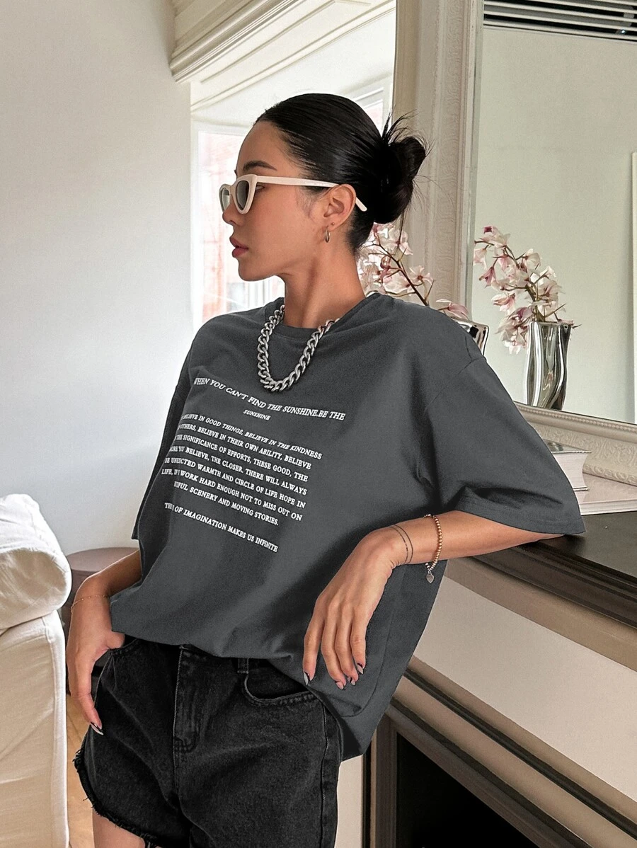 DAZY Áo thun nữ Slogan Giải trí - Màu xám đen - Xem 1
