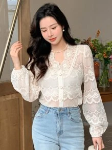 DAZY Button Front Puff Sleeve Lace Blouse Going Out Tops,Fall Women Clothes Long Sleeve Top