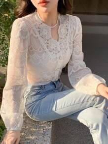 DAZY Button Front Puff Sleeve Lace Blouse Going Out Tops,Fall Women Clothes Long Sleeve Top