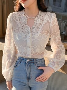 DAZY Button Front Puff Sleeve Lace Blouse Going Out Tops,Fall Women Clothes Long Sleeve Top