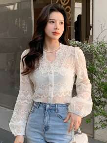 DAZY Button Front Puff Sleeve Lace Blouse Going Out Tops,Fall Women Clothes Long Sleeve Top