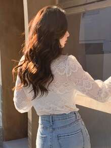 DAZY Button Front Puff Sleeve Lace Blouse Going Out Tops,Fall Women Clothes Long Sleeve Top