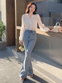 DAZY Button Front Puff Sleeve Lace Blouse Going Out Tops,Fall Women Clothes Long Sleeve Top