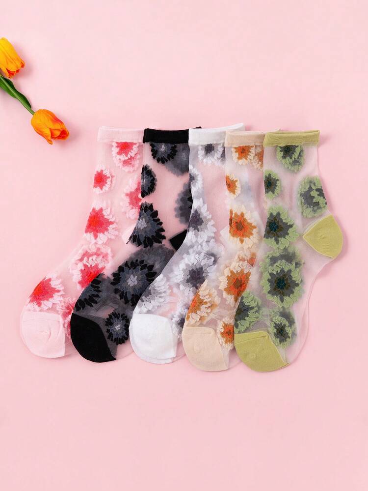 5pairs Women Floral Pattern Fashionable Crew Socks, For Summer - Multicolor - View 1