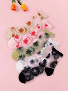 5pairs Women Floral Pattern Fashionable Crew Socks, For Summer - Multicolor - View 2