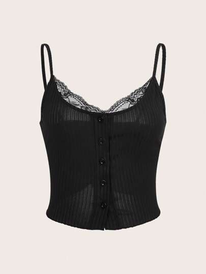 Top con bretelle sottile pizzo a contrasto con bottone frontale a costine