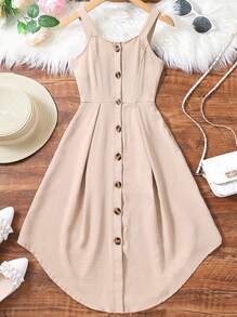 Girls Fold Pleated Button Front Cami Dress - Apricot - View 1