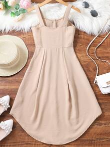 Girls Fold Pleated Button Front Cami Dress - Apricot - View 2