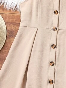 Girls Fold Pleated Button Front Cami Dress - Apricot - View 6