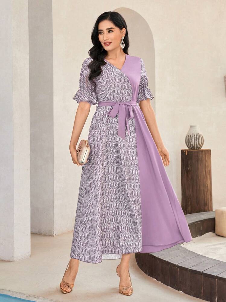 Mulvari Vestido con cinturón con estampado geométrico de manga con volante - Lila Púrpura - Añade 1