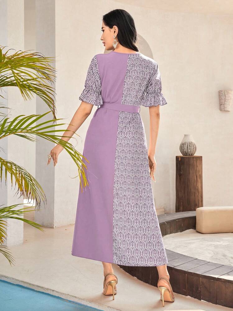 Mulvari Vestido con cinturón con estampado geométrico de manga con volante - Lila Púrpura - Añade 2