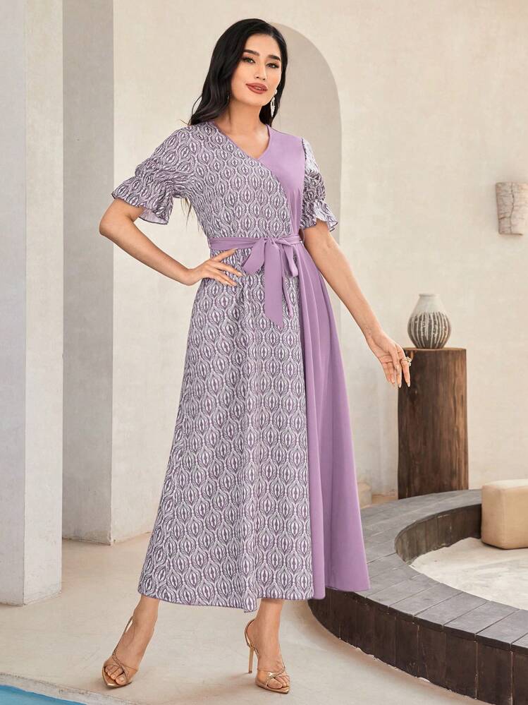 Mulvari Vestido con cinturón con estampado geométrico de manga con volante - Lila Púrpura - Añade 3