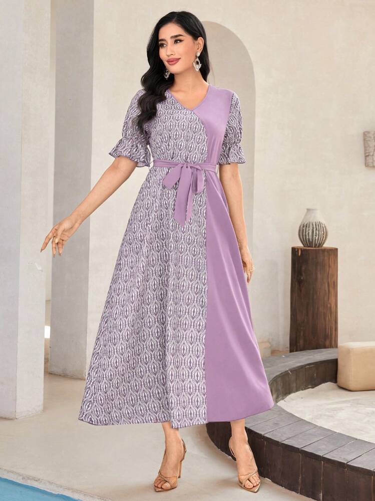 Mulvari Vestido con cinturón con estampado geométrico de manga con volante - Lila Púrpura - Añade 4