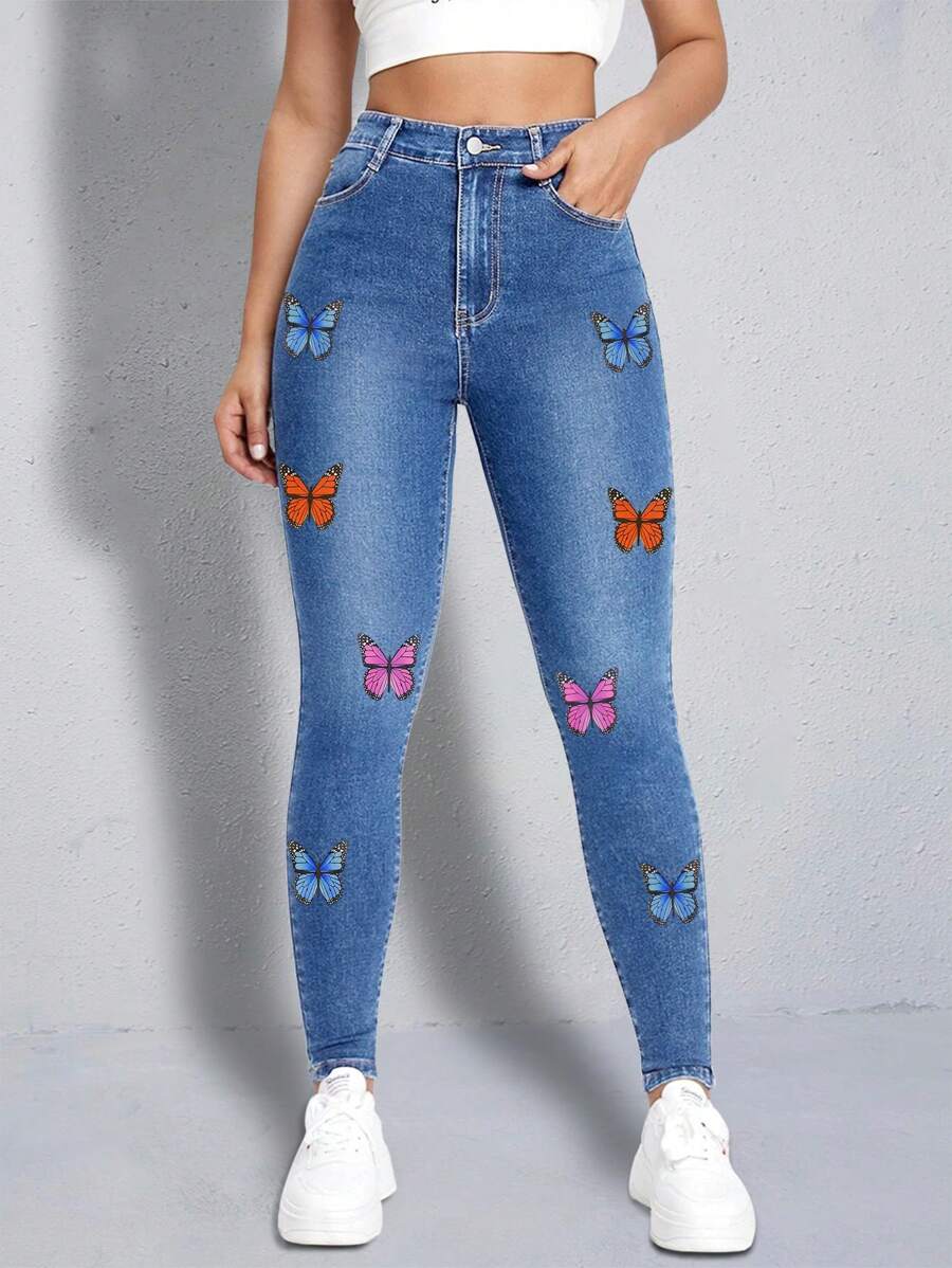 Quần jean nữ Dây kéo Nút Túi Loại bướm - Rửa trung bình - Xem 1