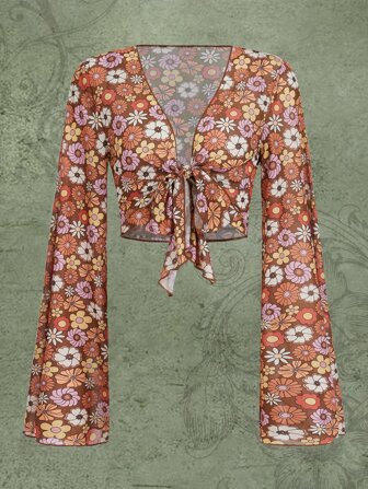 Goldendazeillustration Top court à imprimé floral à nœud