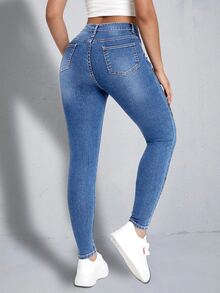 Quần jean nữ Dây kéo Nút Túi Loại bướm - Rửa trung bình - Xem 2