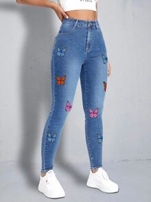 Quần jean nữ Dây kéo Nút Túi Loại bướm - Rửa trung bình - Xem 3