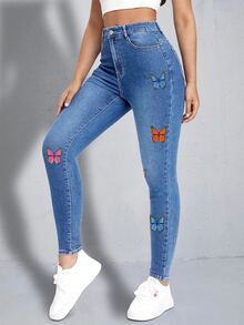 Quần jean nữ Dây kéo Nút Túi Loại bướm - Rửa trung bình - Xem 4