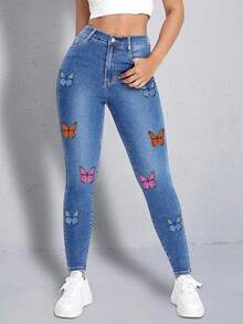 Quần jean nữ Dây kéo Nút Túi Loại bướm - Rửa trung bình - Xem 5