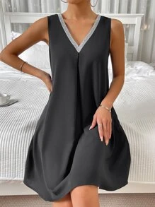 SHEIN Privé Contrast Tape Split Back Tank Dress - Black - View 6