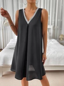 SHEIN Privé Contrast Tape Split Back Tank Dress - Black - View 4