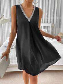 SHEIN Privé Contrast Tape Split Back Tank Dress - Black - View 2