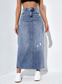 SHEIN EZwear Váy denim nữ Nút Túi Dây kéo màu trơn - Rửa trung bình - Xem 1