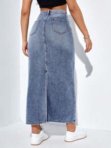 SHEIN EZwear Váy denim nữ Nút Túi Dây kéo màu trơn - Rửa trung bình - Xem 2