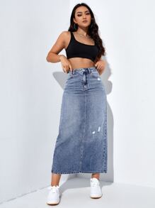 SHEIN EZwear Váy denim nữ Nút Túi Dây kéo màu trơn - Rửa trung bình - Xem 4