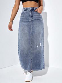 SHEIN EZwear Váy denim nữ Nút Túi Dây kéo màu trơn - Rửa trung bình - Xem 5