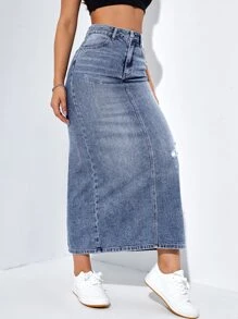 SHEIN EZwear Váy denim nữ Nút Túi Dây kéo màu trơn - Rửa trung bình - Xem 6