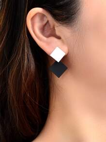 雙色方形耳墜 - 黑與白 - 查看 2
