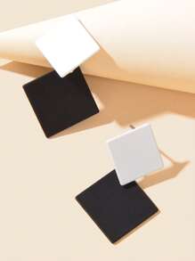 雙色方形耳墜 - 黑與白 - 查看 3