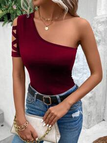 SHEIN LUNE 單肩交叉鏤空T恤 - 酒紅色 - 查看 1