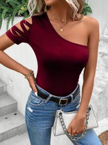 SHEIN LUNE 單肩交叉鏤空T恤 - 酒紅色 - 查看 3