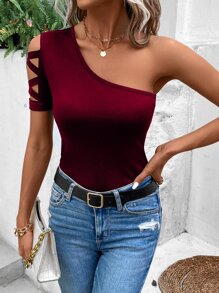 SHEIN LUNE 單肩交叉鏤空T恤 - 酒紅色 - 查看 6