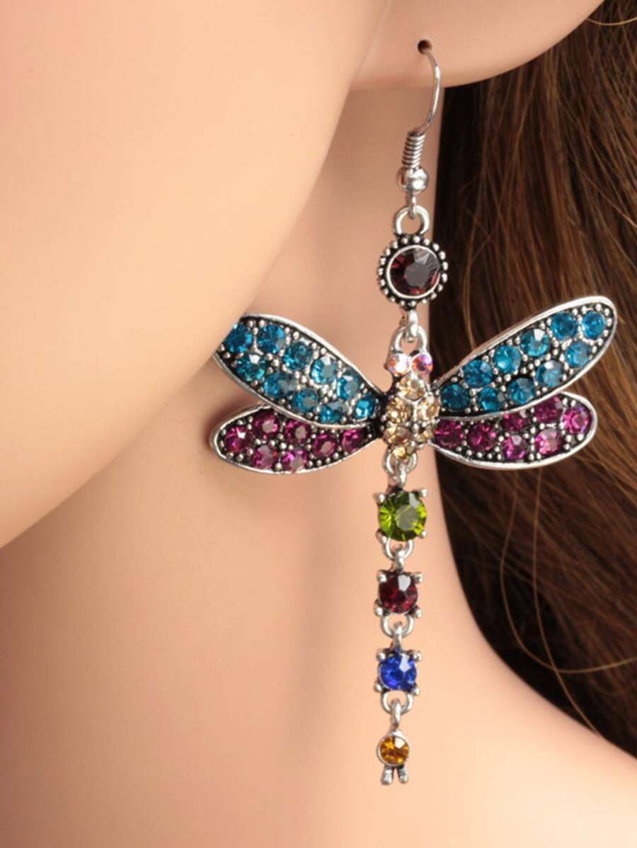 HOTNICE Rhinestone Dragonfly Drop Earrings - Multicolor - View 1