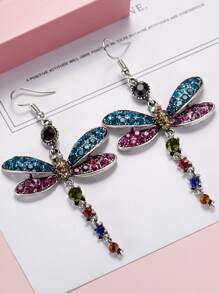 HOTNICE Rhinestone Dragonfly Drop Earrings - Multicolor - View 2