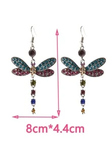 HOTNICE Rhinestone Dragonfly Drop Earrings - Multicolor - View 3