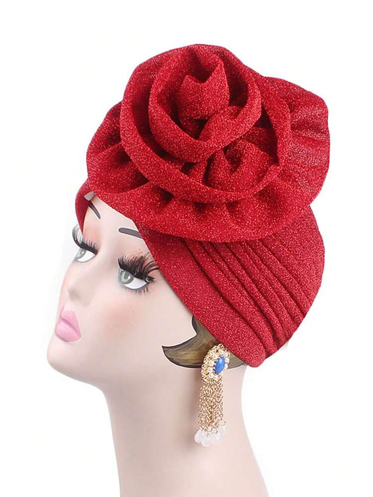 女士花朵裝飾時尚頭巾帽 - 紅色 - 查看 1