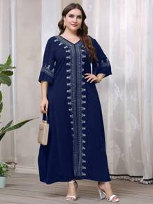 Al Najma Đầm cổ chữ V họa tiết hình học cỡ lớn - Màu xanh hải quân - Xem 1