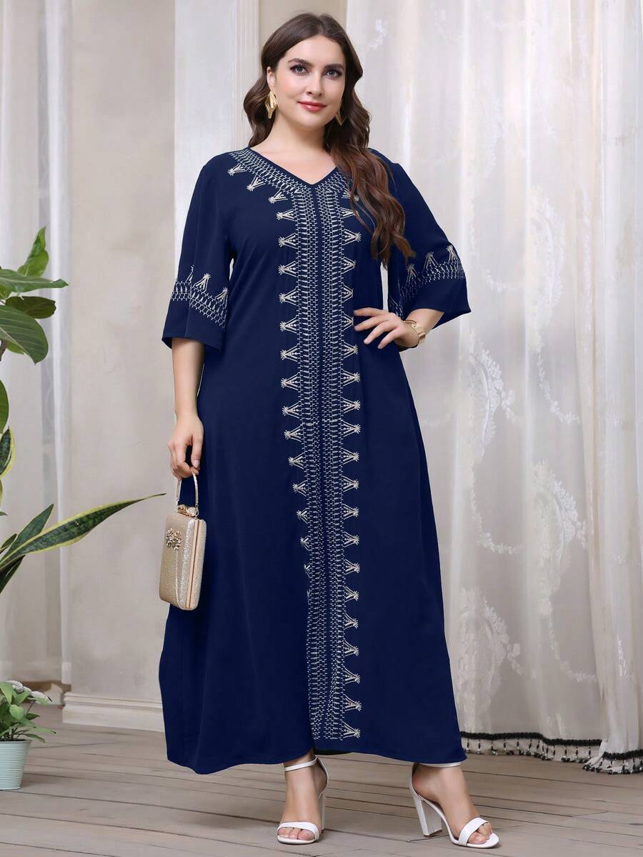 Al Najma Đầm cổ chữ V họa tiết hình học cỡ lớn - Màu xanh hải quân - Xem 1