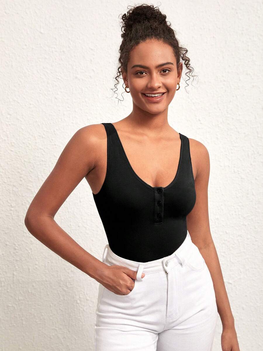 SHEIN BASICS 半紐帶低背背心 - 黑色 - 查看 1