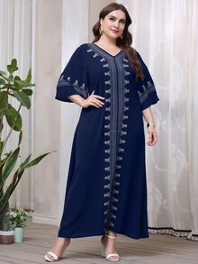 Al Najma Đầm cổ chữ V họa tiết hình học cỡ lớn - Màu xanh hải quân - Xem 3