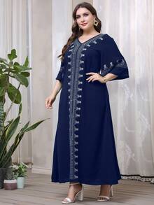 Al Najma Đầm cổ chữ V họa tiết hình học cỡ lớn - Màu xanh hải quân - Xem 6