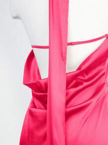 SHEIN BAE Draped Open Back Satin Halter Dress - Hot Pink - View 7