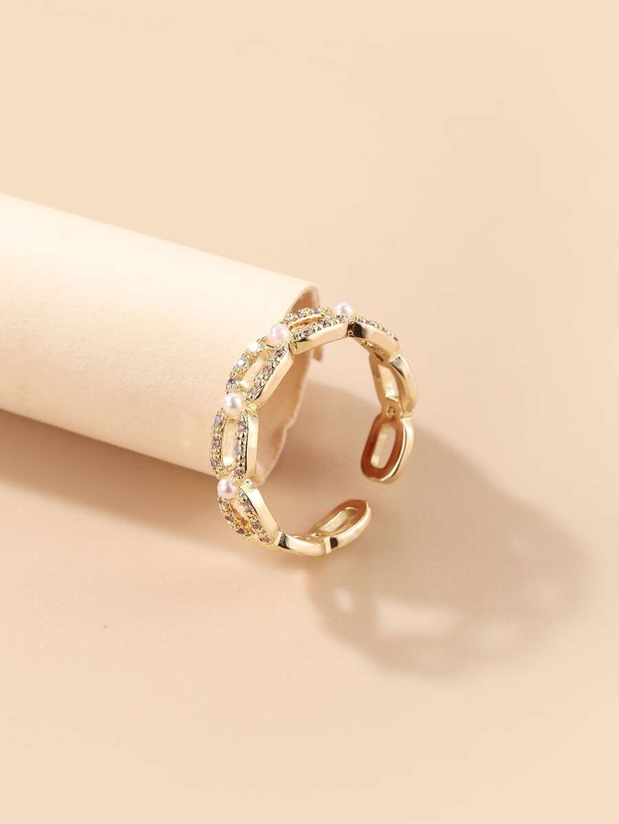 1pc Elegant Gold Plated Ring With Pearl & Cubic Zirconia For Women, Adjustable Size - Multicolor - View 1
